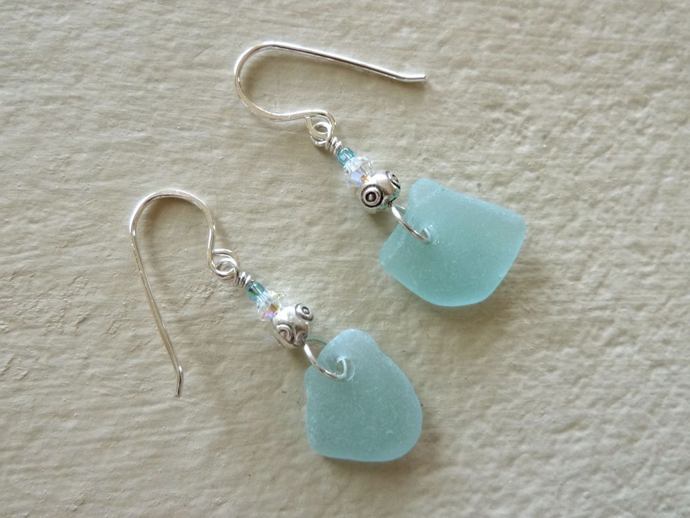 Turquoise and Silver Sea Glass Earrings
