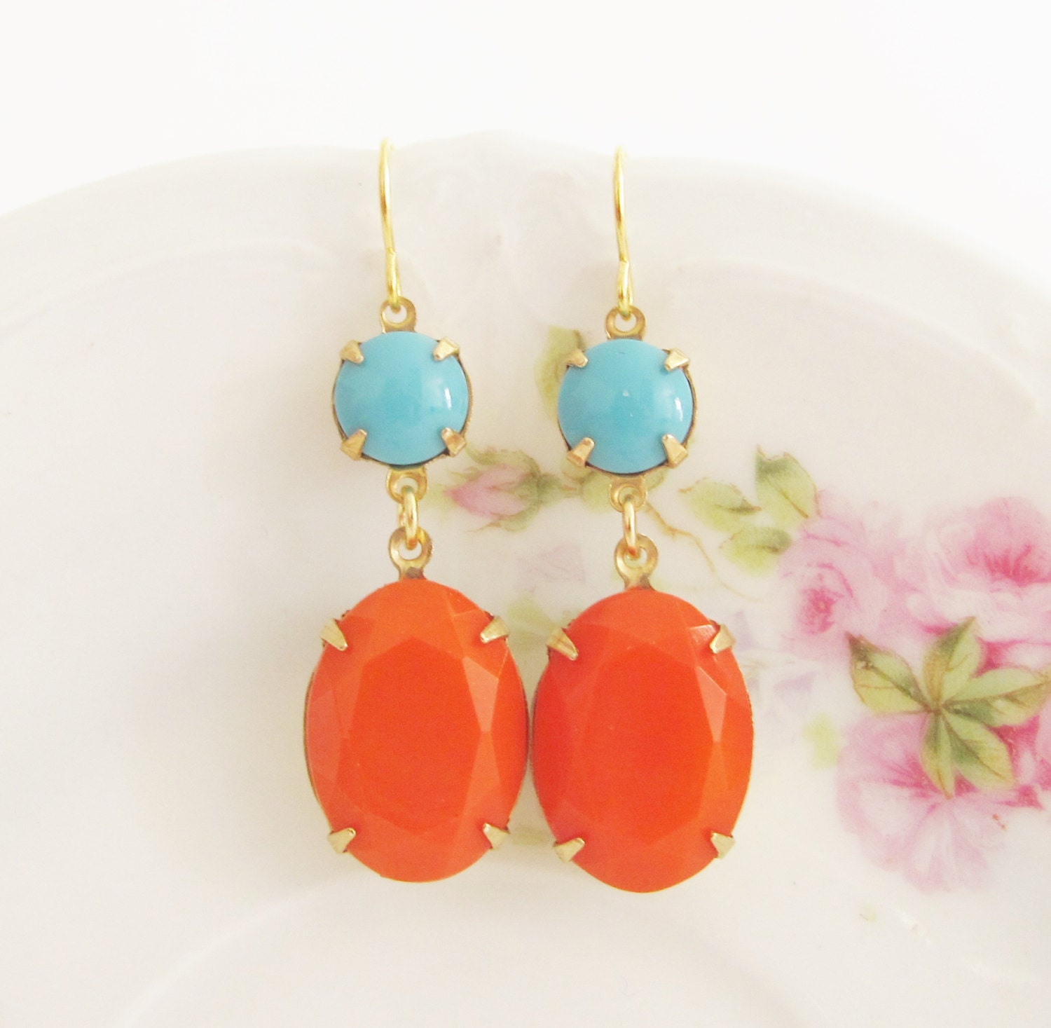 Tangerine Orange Turquoise Blue Dangle Earrings - Glass Jewel Glamour Dangle Earrings - Wedding, Bridal, Bridesmaid Earrings