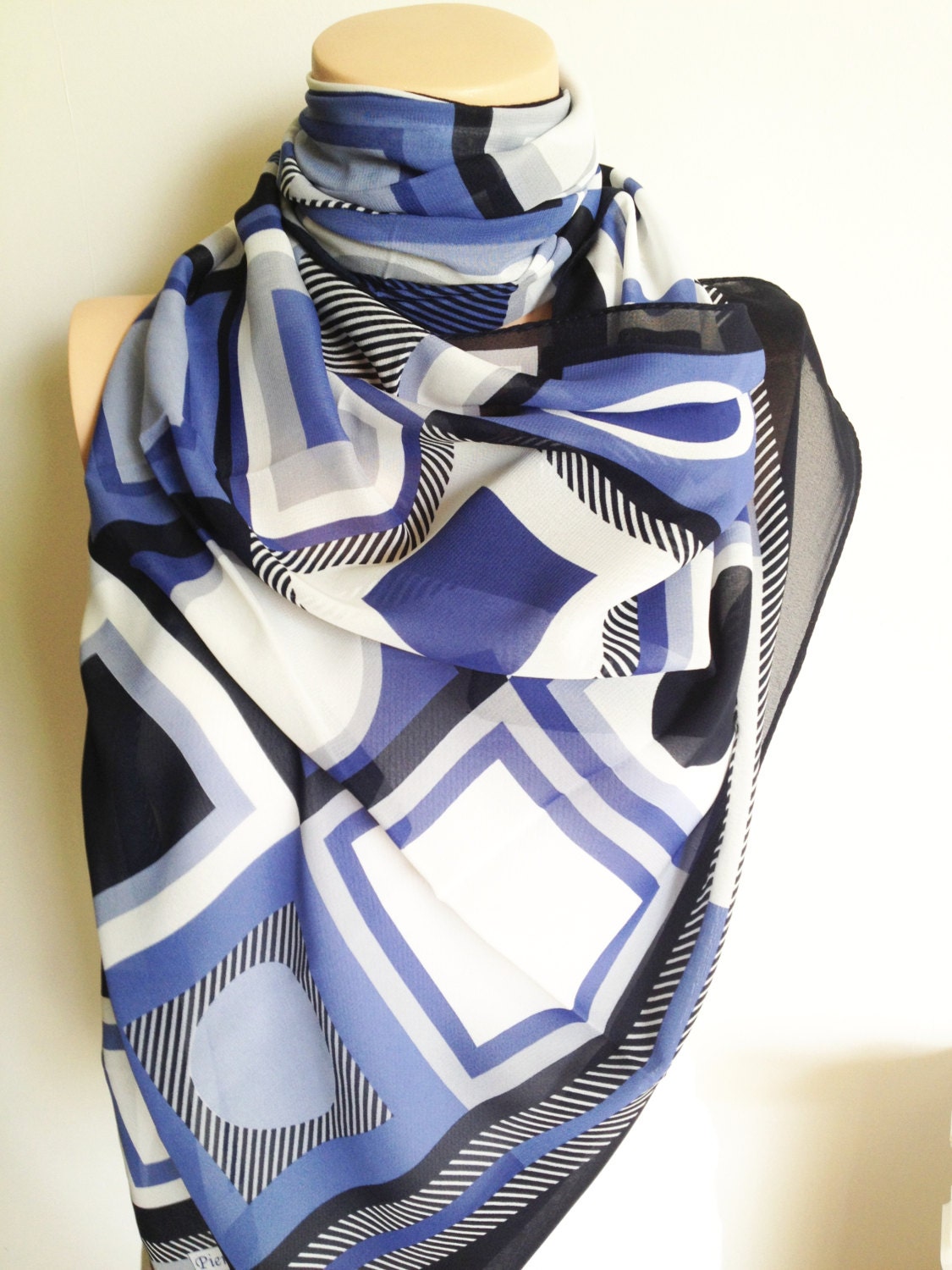 Sapphire Blue Indigo grey White Chevron Loop Scarf Shawl Neckwarmer Geometric Scarf
