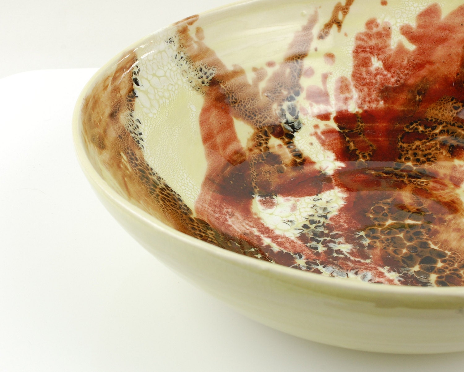 Large Ceramic Bowl, Oversized Ceramic Bowl with Brown, Red and White Leoparding