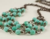 Turquoise Glass and Dark Brass Bib Necklace - Adelaide - Chain and Wire Wrapped Links - Choker, Short  Necklace