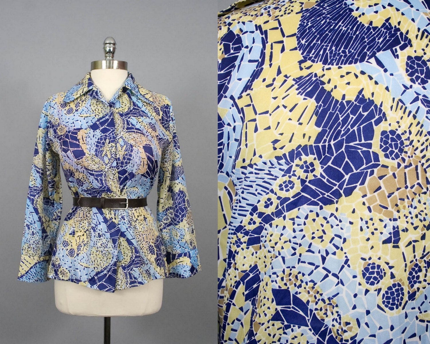 Vintage 60s 70s Psychedelic Blouse Geometrical Print Shirt (L)