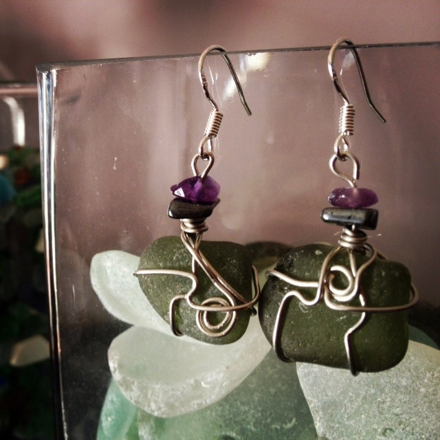 Green Irish Sea Glass Wire Wrapped Earrings - w/ Hematite and Amethyst
