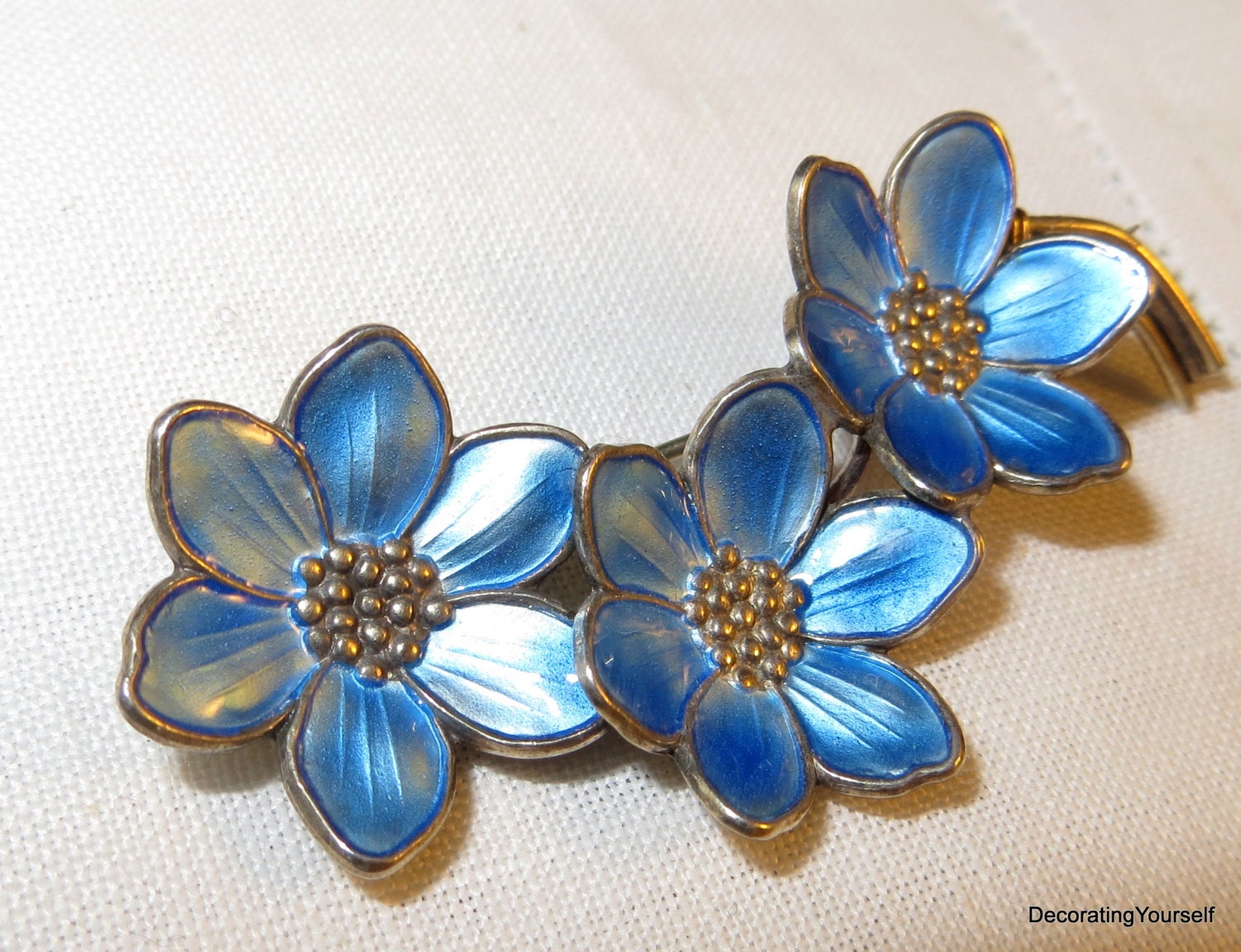 Guilloche Light Blue Enamel Sterling Silver Brooch Pin Goldtone Hans Myhre Norway Scandinavian