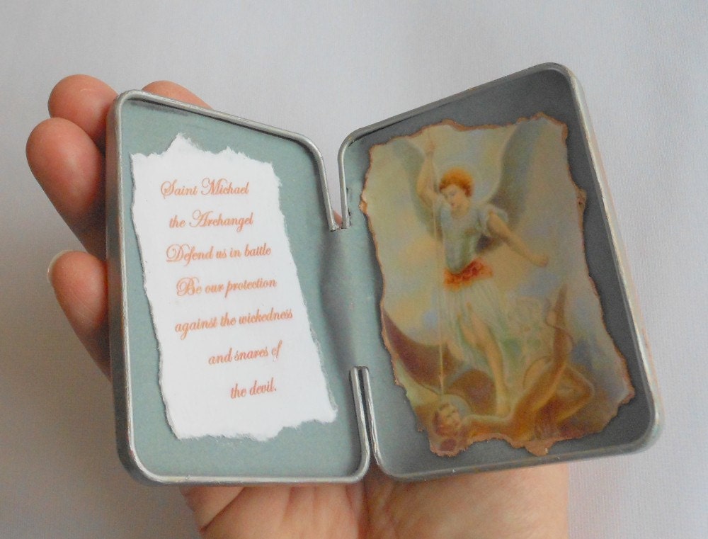 Michael the Archangel Personal Shrine, Pocket Shrine, Mixed Media Art Shrine