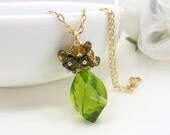 Olive green necklace with brown tourmaline and green quartz, green and gold necklace, olive green jewelry