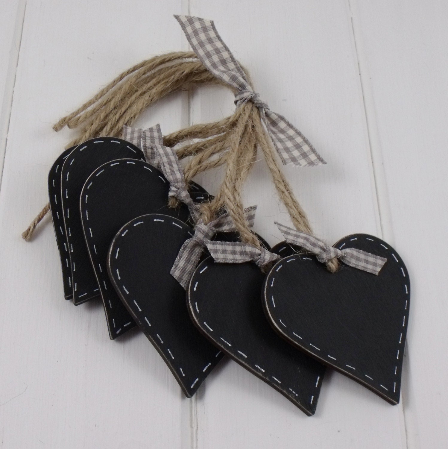 Homemade Jam Tags or  Basket Labels in Grey Gingham Set of 6 Chalkboard Hearts