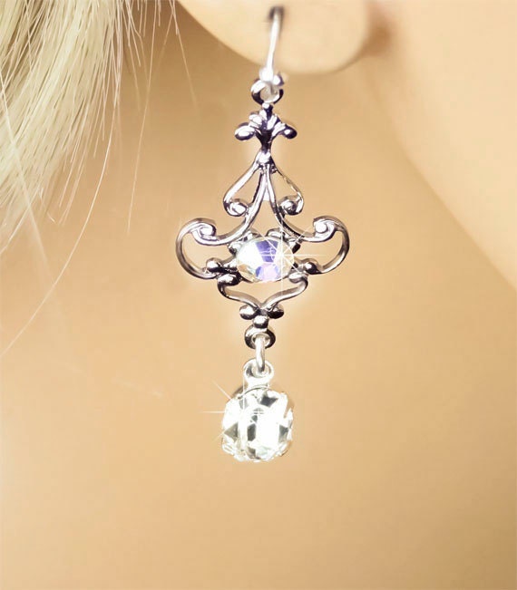 Crystal Bridal Earrings, Swarovski Crystal Bridal Earrings, Vintage Inspired Wedding Jewelry, Bridesmaid Earrings - Daphne (WE0120)