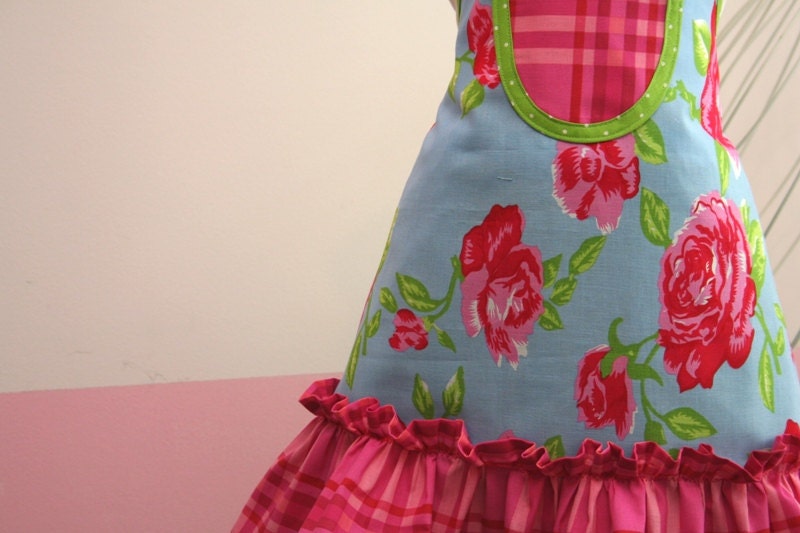 Kids Ruffle Apron - Pink Roses - Size 4-6