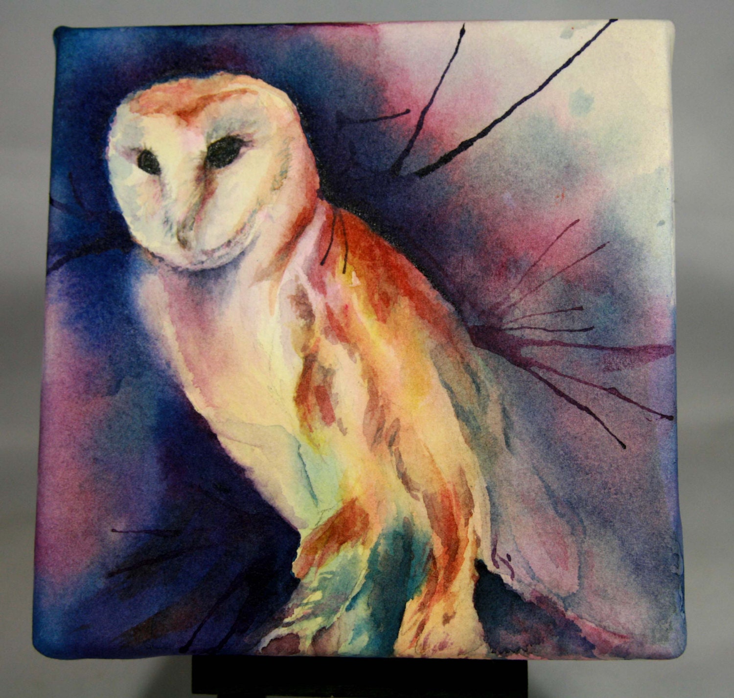 Gallery Wrapped Watercolor Owl Easel included Woodland creature Original 5x5inch Purple blue gold