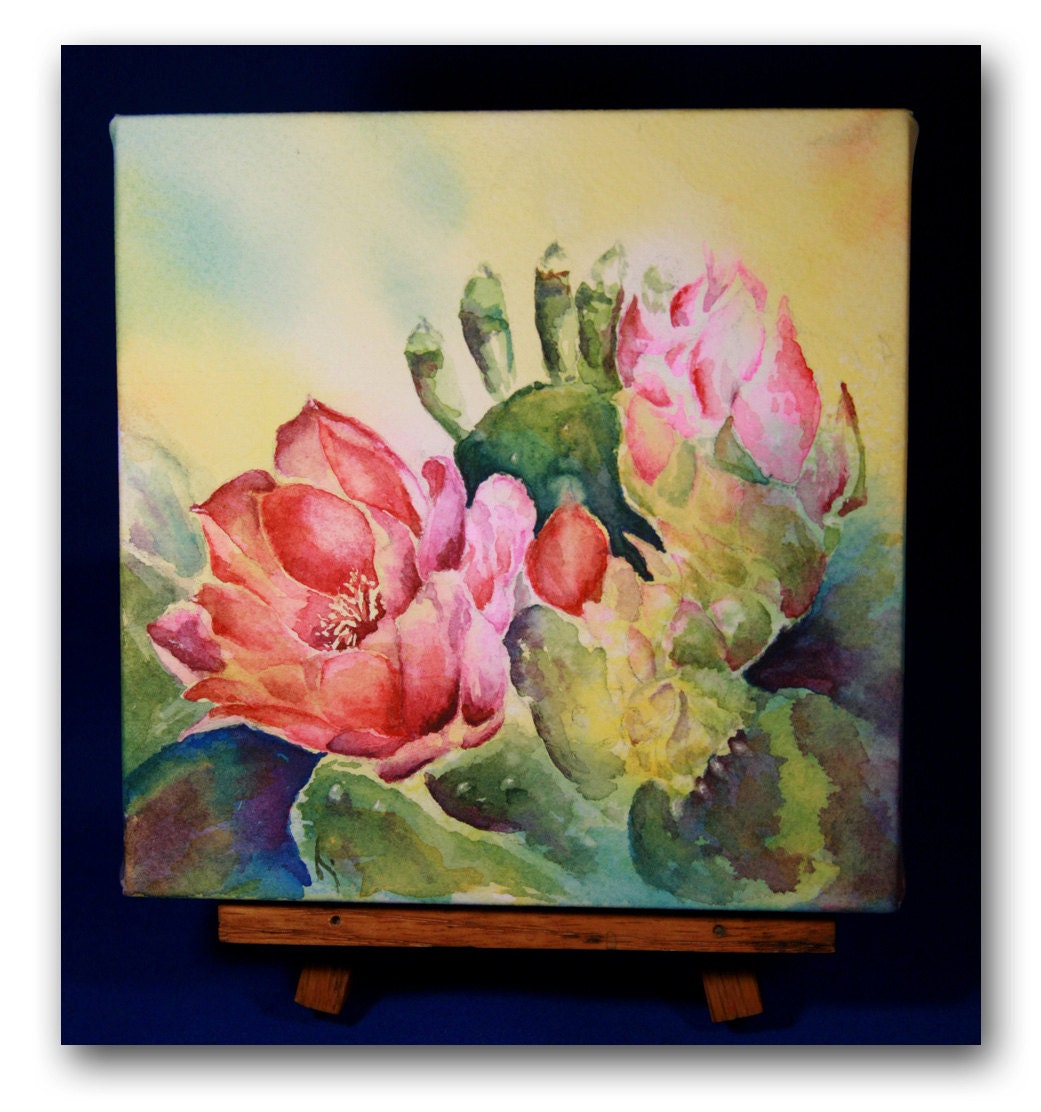 Gallery Wrapped Watercolor Arizona Desert Blooms Original 5x5inch Red Pink Yellow Blue Purple