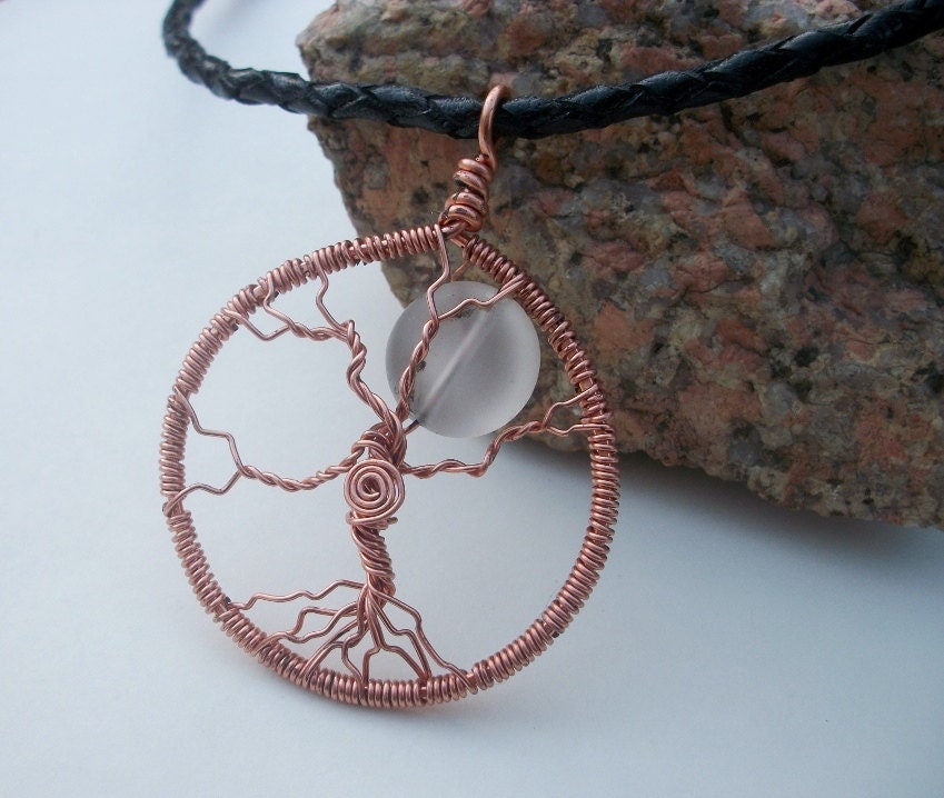 Copper Tree of Life Moon Pendant Necklace - Wire Wrapped - Frosted Glass Moon - Leather Cord