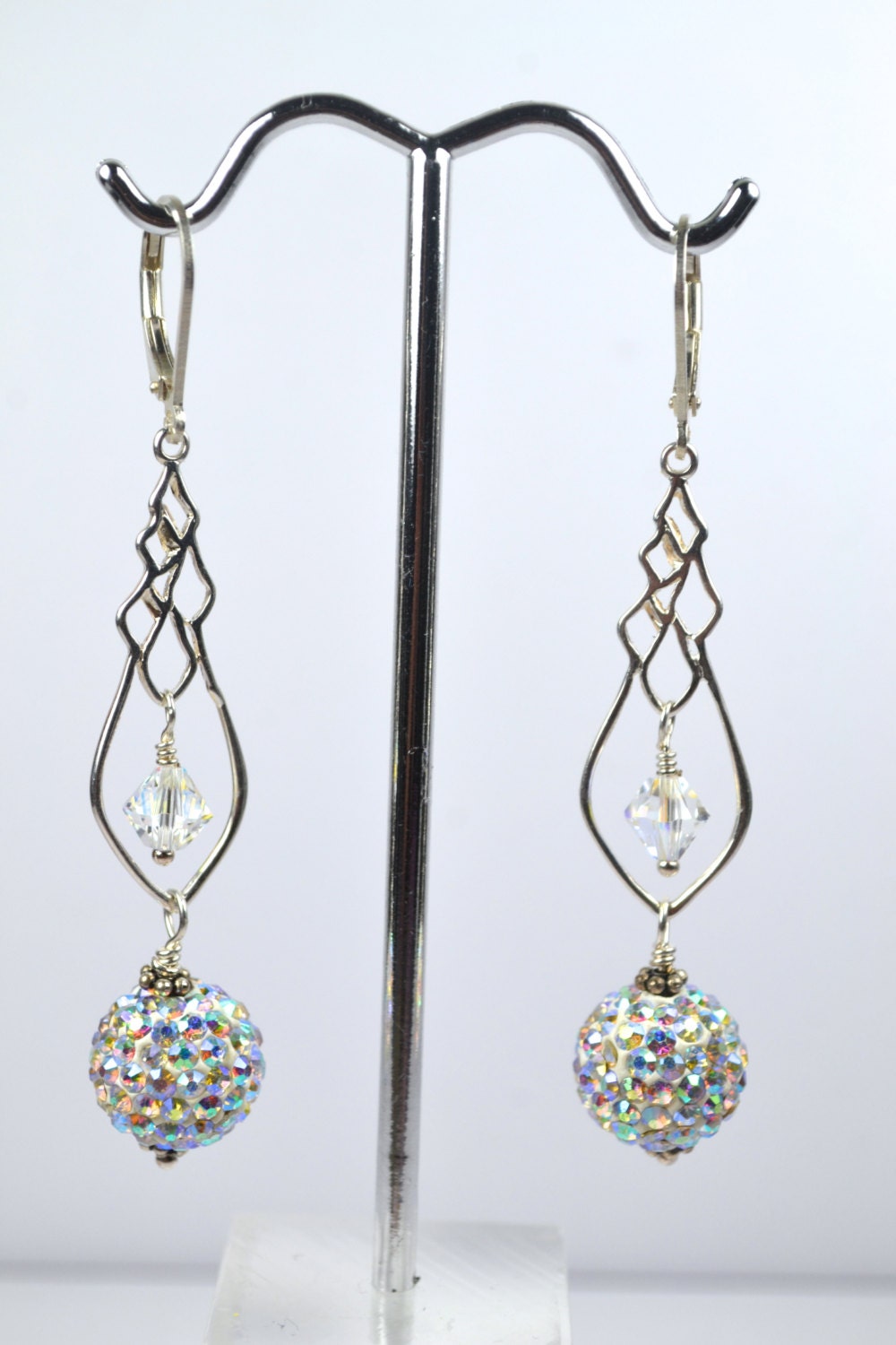 Sterling Silver Flirty White Disco Ball Earrings, Swarovski Crystals, Lever back Earring Hooks