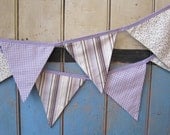 Classic Bunting. Colours -  Lilac, Purple and Cream. Fabric Patterns - Stripes, Gingham and Flowers.