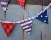 Small Classic Children's Bunting. Fabric Patterns - Stars, stripes anchors and  Spots. Colours -  Red, Royal Blue and White.