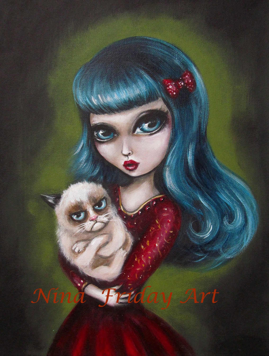 You Have To Ask My Cat big eyed girl holding Tard The  GRUMPY CAT giclee PRINT by Nina Friday