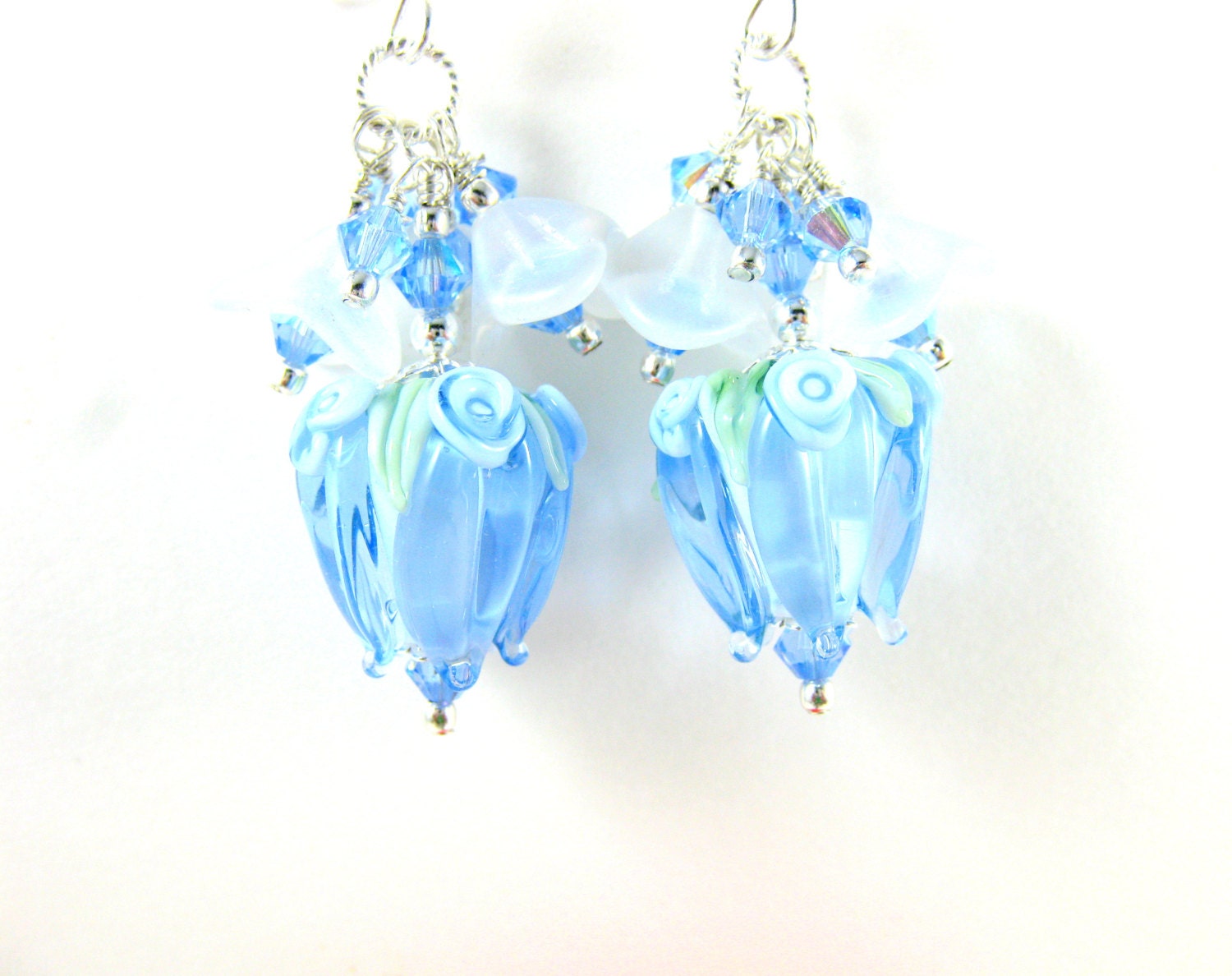 Light Blue Flower Earrings, Blue Tulip Lampwork Earrings, Beadwork Earrings, Baby Blue Dangle Earrings, Cluster Earrings - Madeline