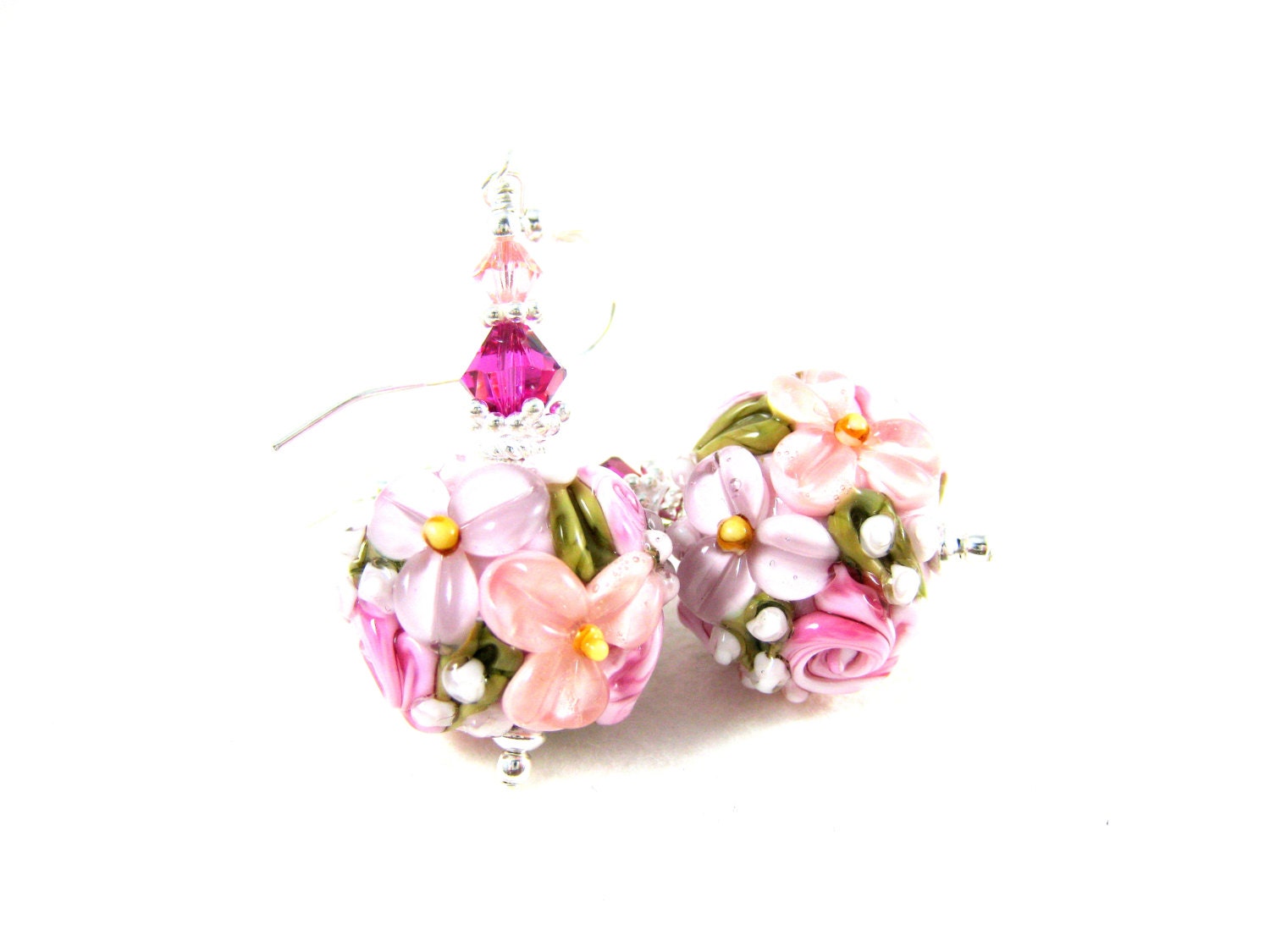 Pastel Flower Earrings, Spring Floral Lampwork Earrings, Peach Purple Pink Beadwork Earrings, Dangle Earrings - Pastel Spring