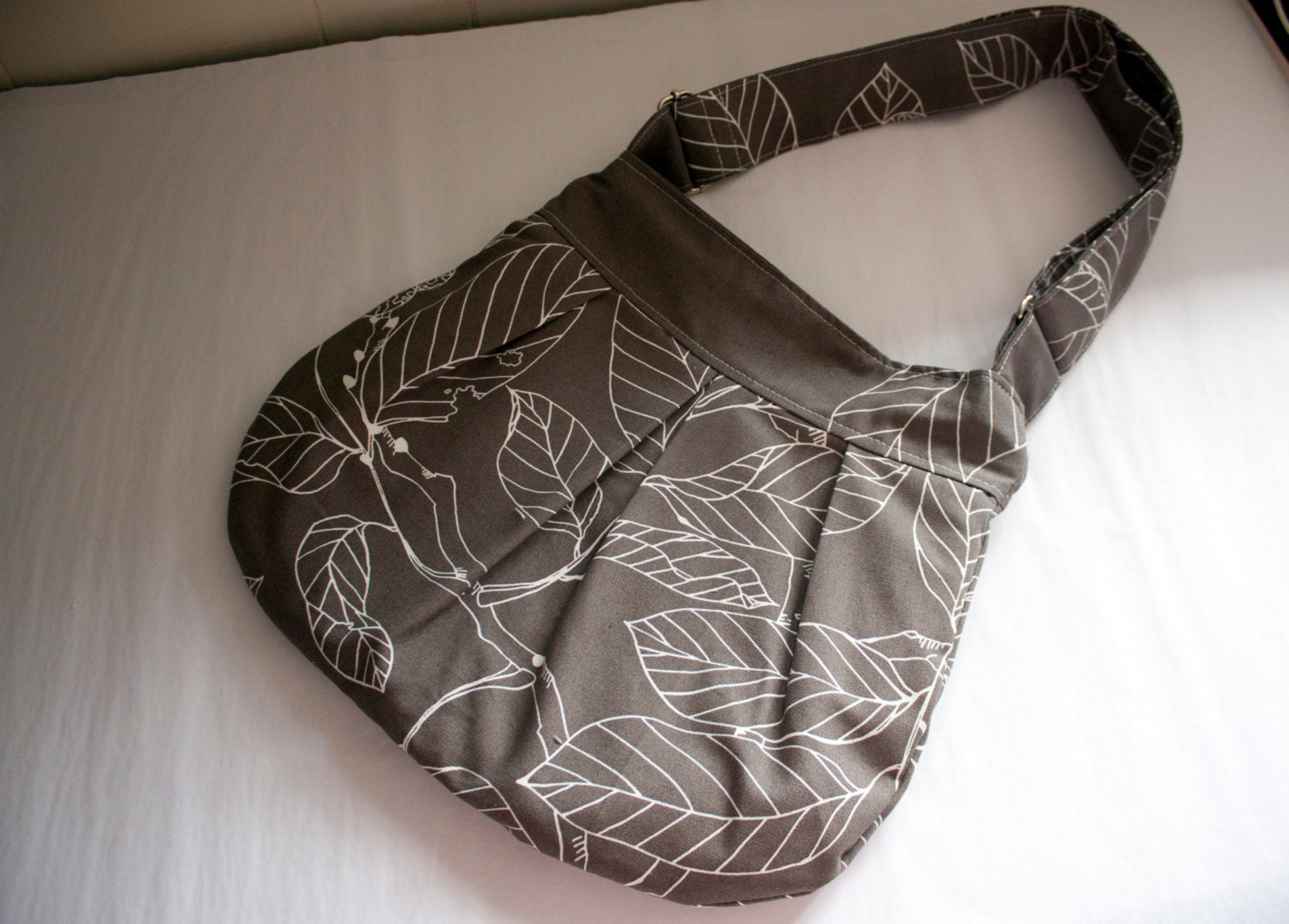 canvas shoulder bag // pleated purse // cross body zipper closure // READY TO SHIP // grey leaves // the charlie bag
