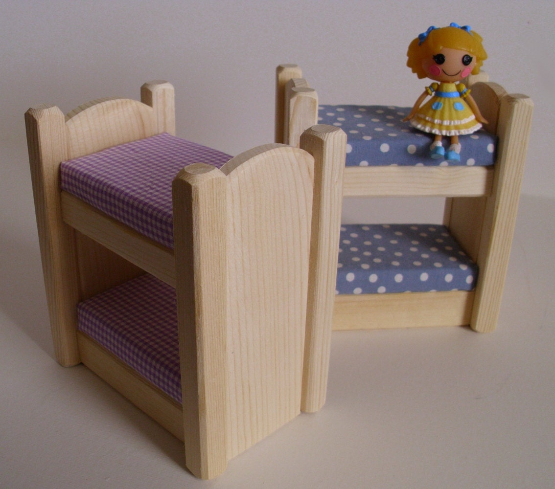 Set of 2 Mini Lalaloopsy-scale Natural Wood Doll Bunk Beds, Wooden Toy Furniture, Waldorf inspired