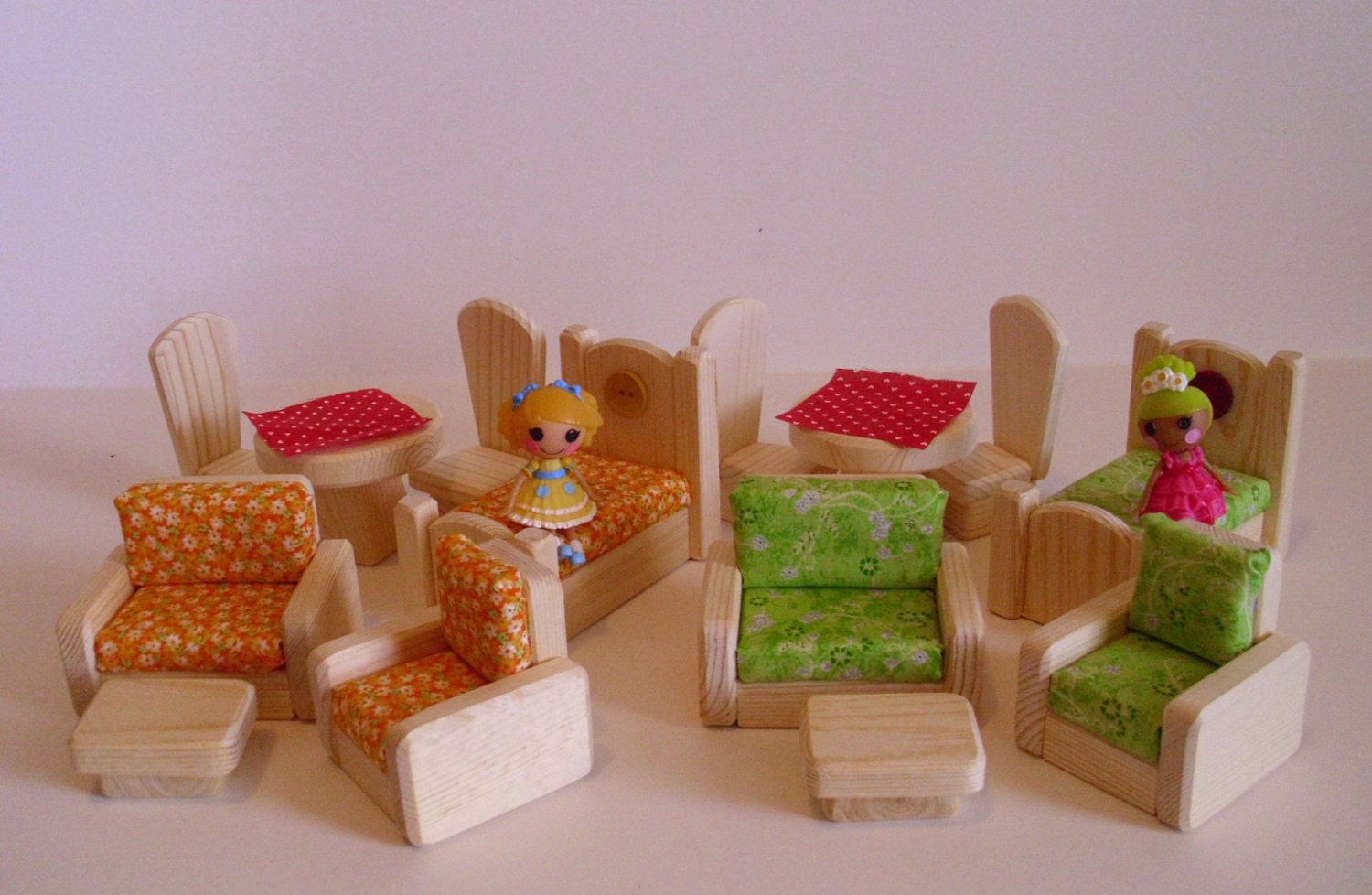 Best Friends Set- Two Mini Lalaloopsy-scale Natural Wood Doll Furniture,14 pcs.- Wooden Toy Sofa Chair Couch Bed Dining table chairs