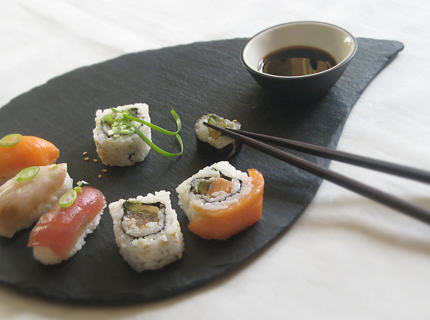 Set of Large Sushi-Pastry Salvaged Slate Platter with Black & White Porcelain Mini-Bowl - Wedding Registry, Housewarming Gift