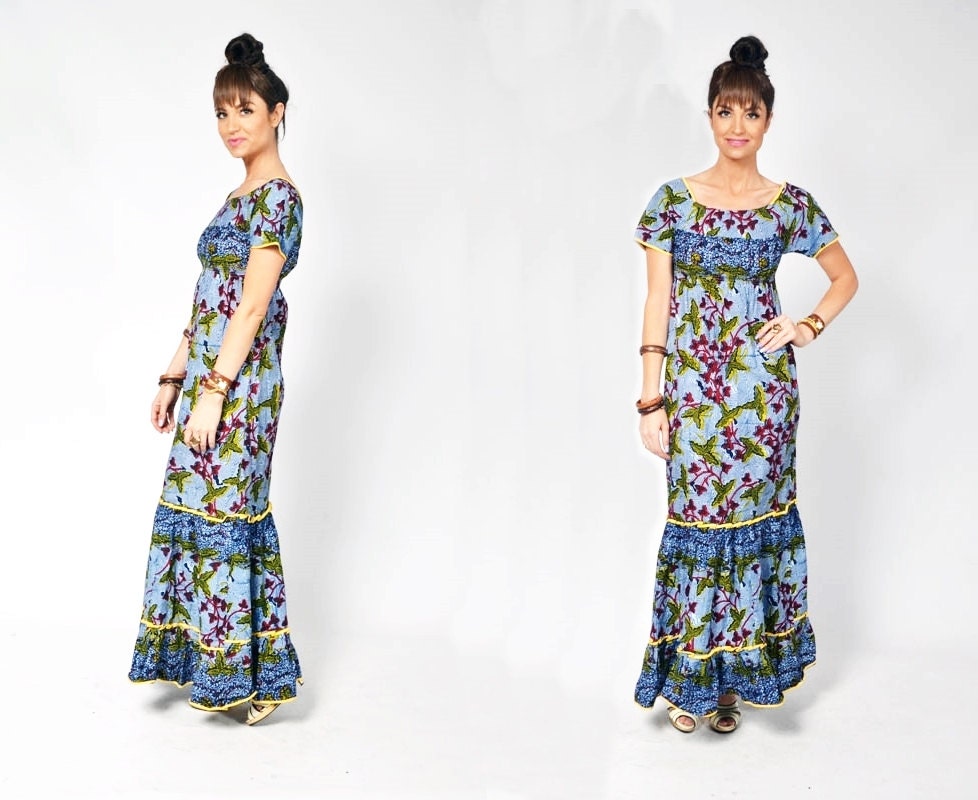 Blue Boho African Print Maxi Sundress size Small to Medium