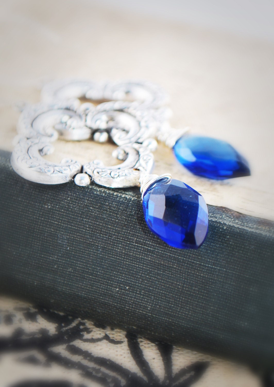 Cobalt Blue Quartz Mariquis Gemstones Wire Wrapped with Sterling Silver and Hung on Ornate Hoop Connectors