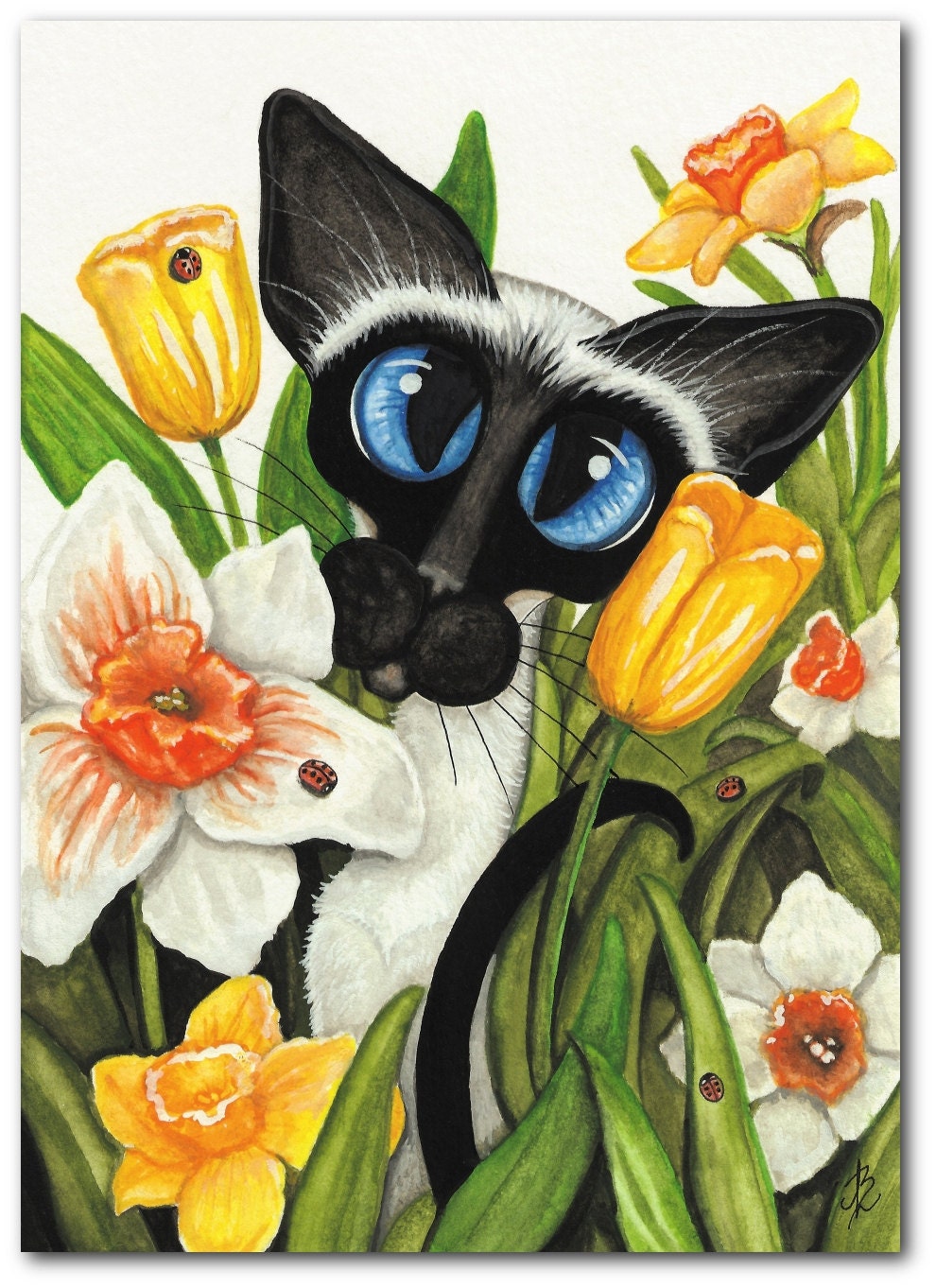 Siamese Cat Spring Ladybugs Tulips Daffodils Easter ArT  - 8.5 x 11 Print by AmyLyn Bihrle