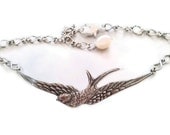 Silver Bracelet Pearl Jewelry Swallow Cuff antiqued silver adjustable Fresh Water Pearl personalized initial charm