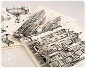 3 Art Cards - Hot Air Balloon Art, Victorian City Art, Redwood Forest Art, Blank Notecards