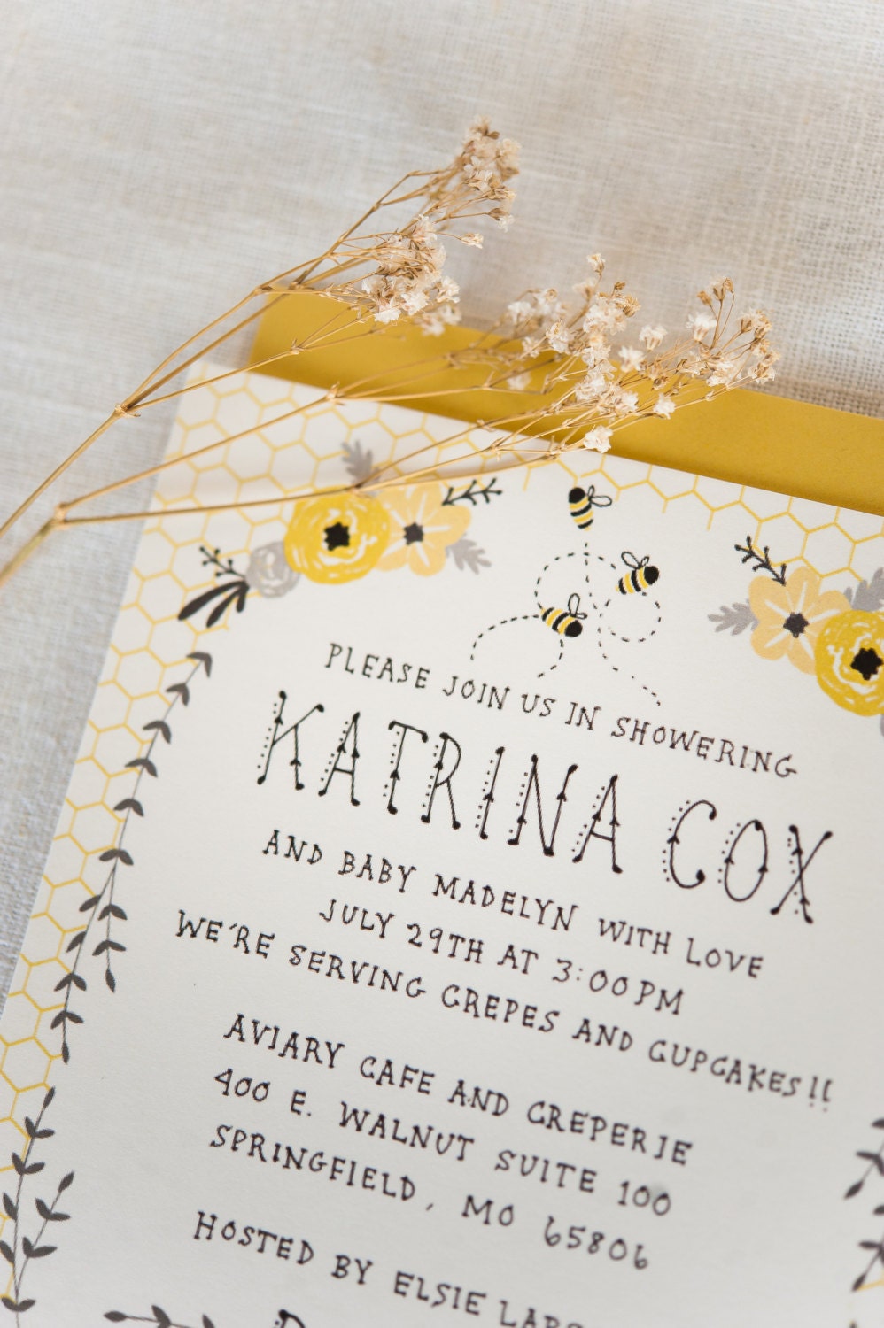 Baby Shower Invitation and Registry Card - Honey Bee. Baby Girl OR Baby Boy