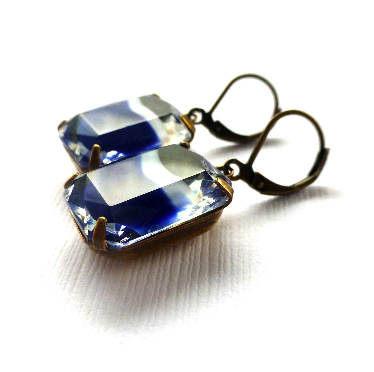 Vintage Glass Royal Blue White Earrings. Blue White Glass Earrings. Brass Pronged Setting. Lever Back Earrings.