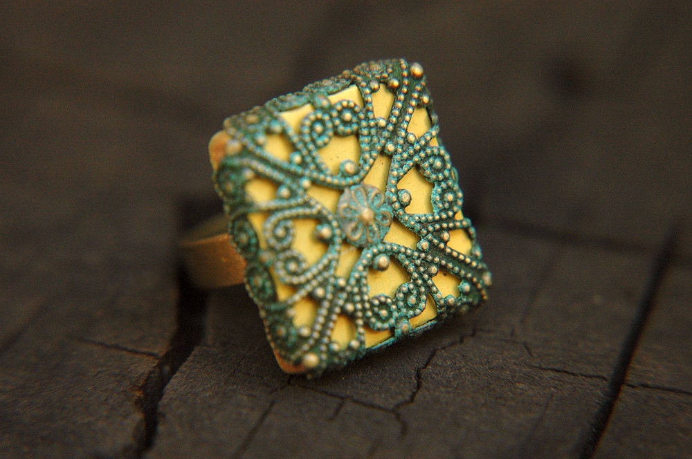Verdigris Patina and Yellow  Filigree Adjustable Ring - Steel Pier.