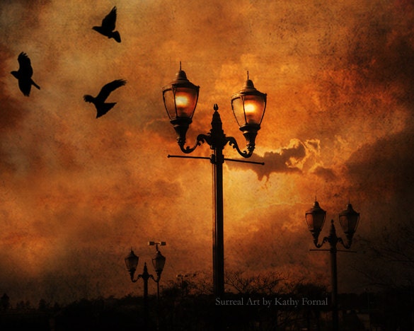 Surreal Street Lamps Photo, Gothic Ravens Lanterns, Dark Haunting Eerie Street Lanterns, Gothic Wall Art 8" x 10"