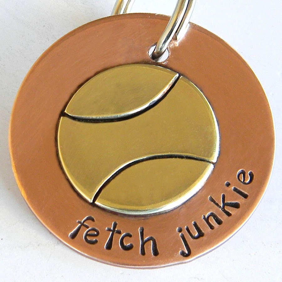 Handmade "Fetch Junkie" Dog ID Tag in Copper and Brass - In Three Sizes