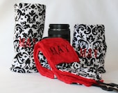 3 Piece DSL Camera Gift Set Wide Strap with lens pocket and 2 lens cases in White and Black Damask with Red Minky