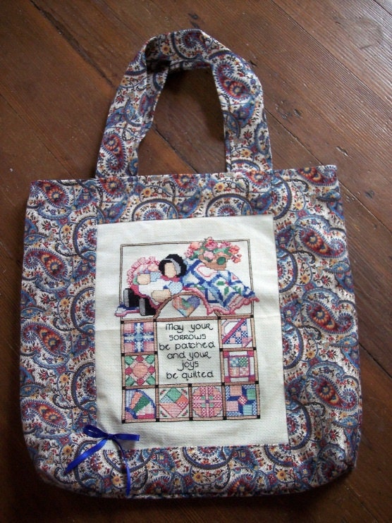 Large Tote With Cross Stitch Quilt Design "May Your Sorrows Be Patched And Your Joys Be Quilted