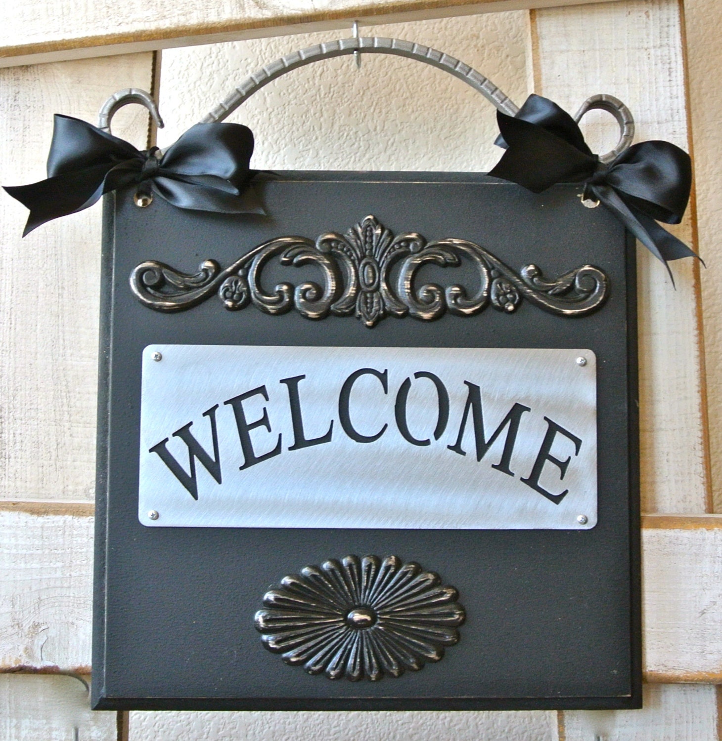 Welcome Metal on Wood Wall Plaque with Wood Accent