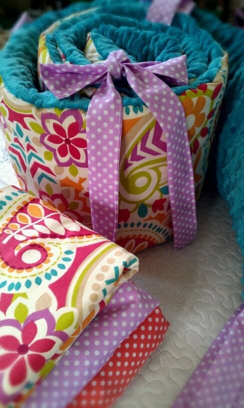 baby girl bedding in Paisley and Dots includes bumper set , fitted sheet and crib skirt