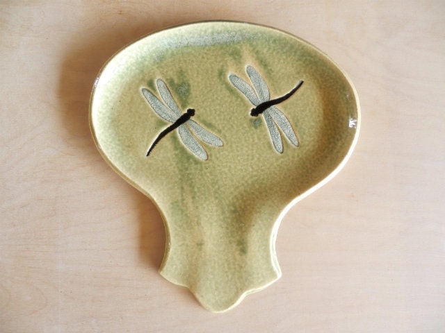 Lovely Handmade Sage Stoneware DRAGONFLY Spoon Rest