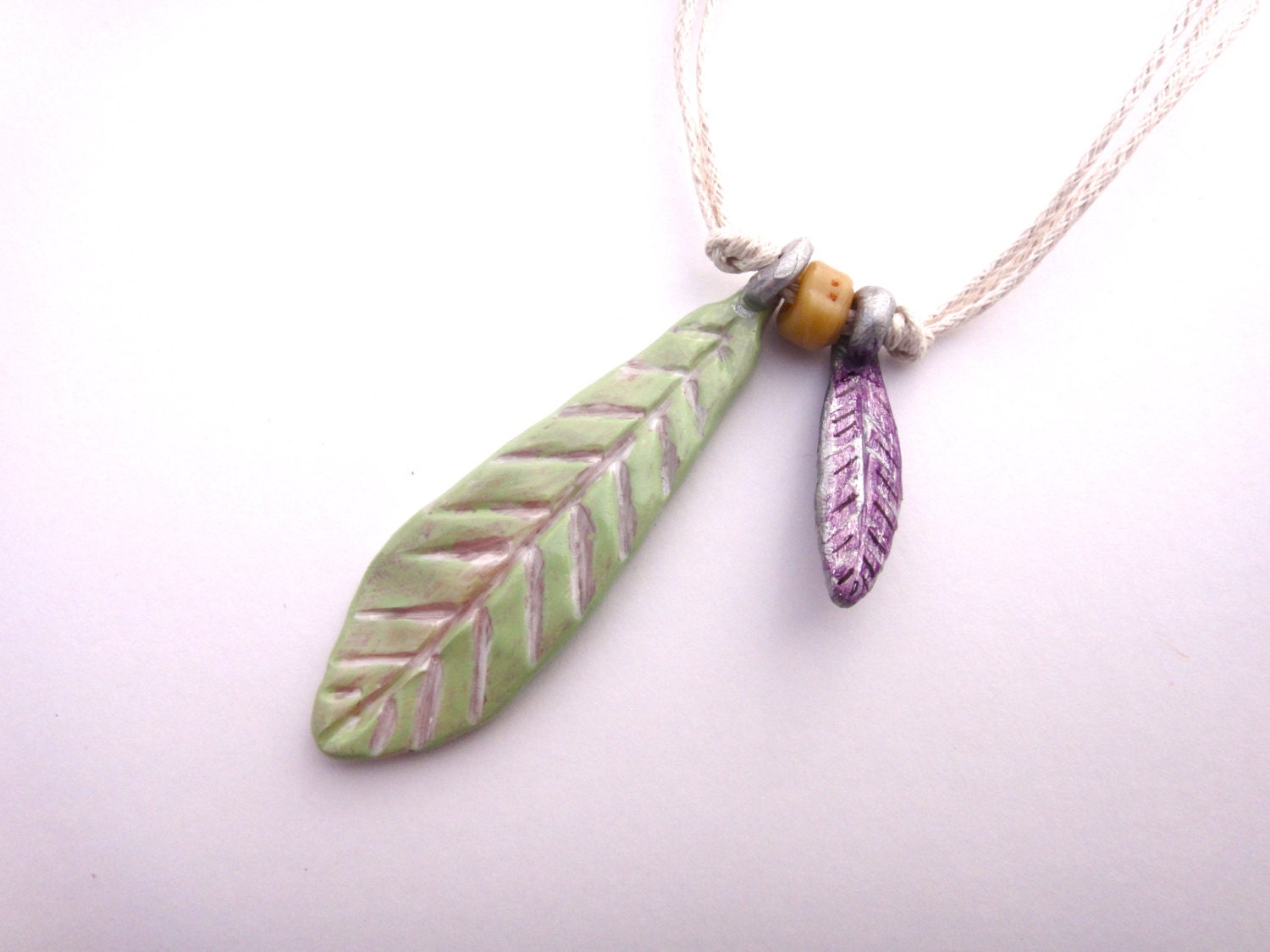 Feather necklace - lavender purple and mint green - handmade clay - tribal unique - TaraWhiteStudio