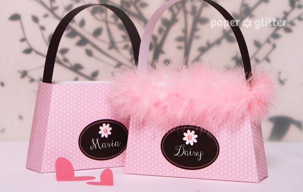 Paper Purse Favor Box Paris Pink Ooh La La Printable and Paper Craft - Printable Party Kit -You type in the text to personalize