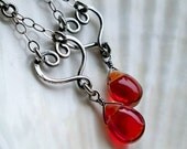 My Love - Sterling silver heart and smooth ruby red glass briolette dangle earrings - handmade wire wrapped jewelry