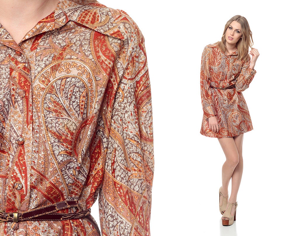 Paisley Dress Mini 70s Shirtdress Button Up Hippie Tunic Boho 1970s Long Sleeve Vintage Bohemian Collar Rust Brown Print Extra Large XL L