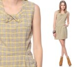 50s Plaid Dress 60s Wiggle Mad Men Belted 1950s Pocket Vintage Button Yellow Taupe Checkered 1960s Sleeveless Fitted Dress Extra Small XS S