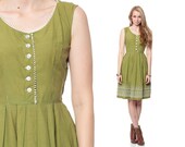 Cotton Day Dress 1960s EMBROIDERED Eyelet 1950s Pleated Olive Green Shirtwaist Full 50s 60s Mad Men Vintage Button Up Sleeveless Medium