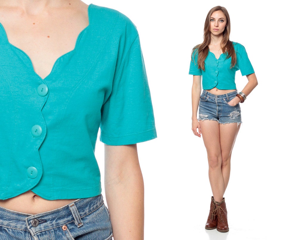 80s Crop Top Scalloped Cotton Turquoise Blouse Cropped Shirt Button Up 1990s Grunge Vintage Hipster Green 90s Short Sleeve Medium Large