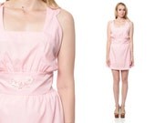 70s Smocked Dress Mini Floral Applique Sundress Baby Pink Sun 1970s Summer Vintage Boho Retro Indie High Waist Square Neck Small Medium