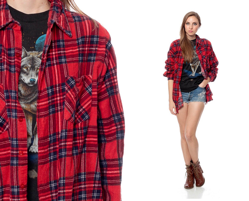 Grunge FLANNEL Shirt 90s Red Plaid Blue Checkered Button Up Oversized LUMBERJACK 1990s Vintage Long Sleeve Men Women Small Medium Large